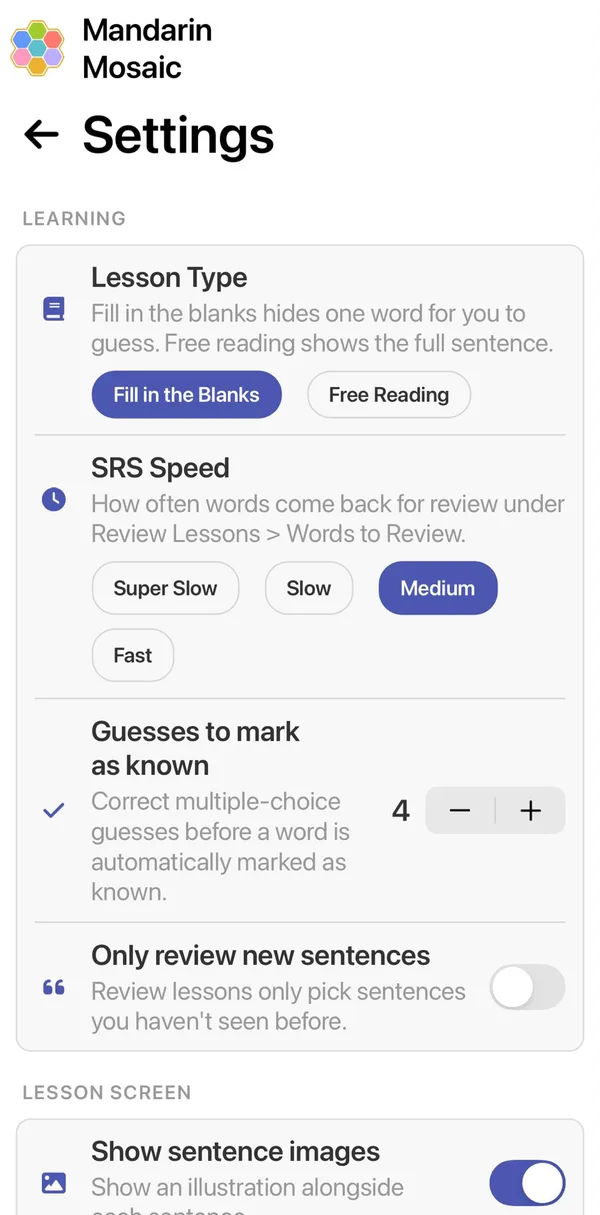 The Settings screen showing Lesson Type, SRS Speed, Guesses to mark as known and Only review new sentences