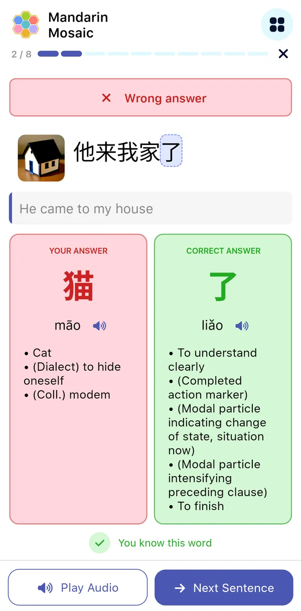 A wrong answer: a red banner, with the chosen word 猫 (māo) shown beside the correct answer 了