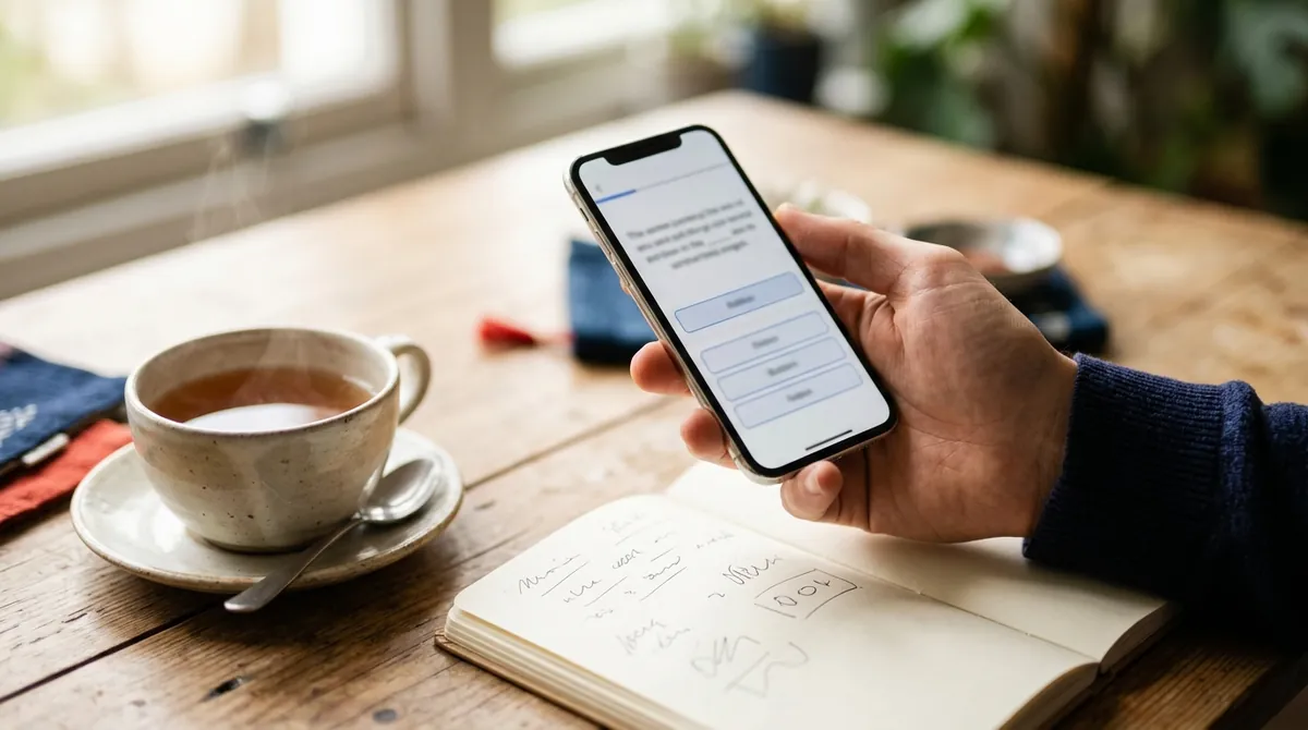 A hand holding a phone showing a fill-in-the-blank quiz with answer buttons, above a notebook and a cup of tea