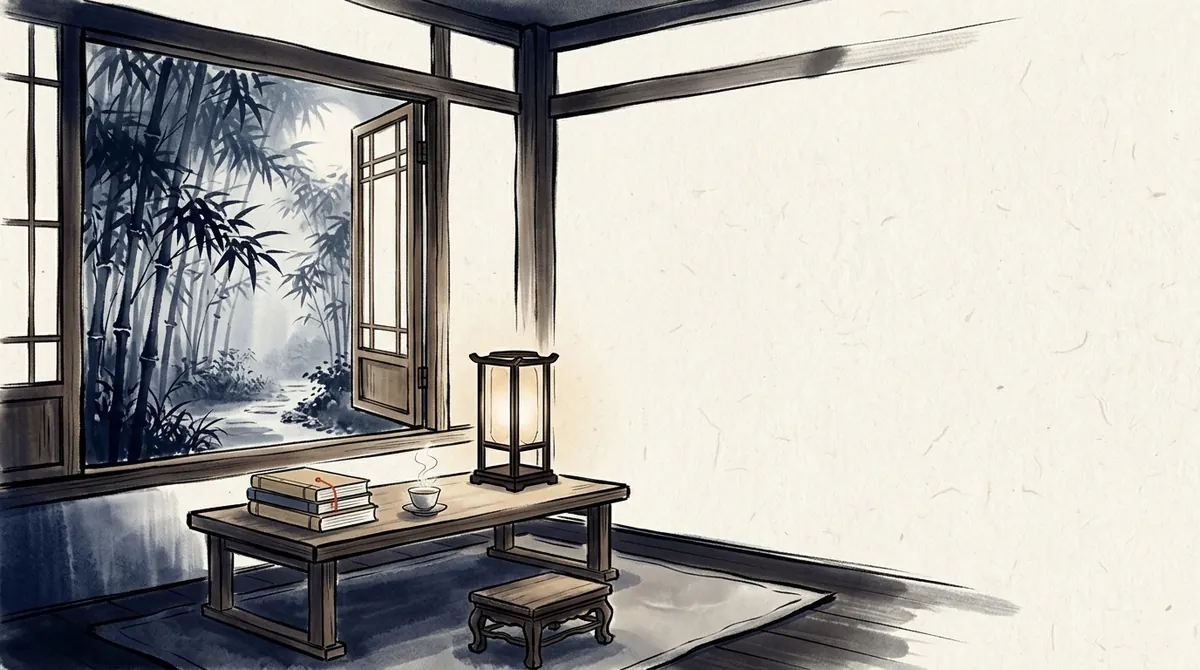 Ink-wash illustration of a quiet reading corner with books, a lamp and tea by a window onto bamboo