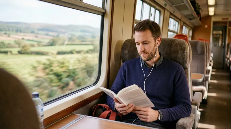 A man reading a paperback on a quiet train, with earbuds in and countryside passing the window