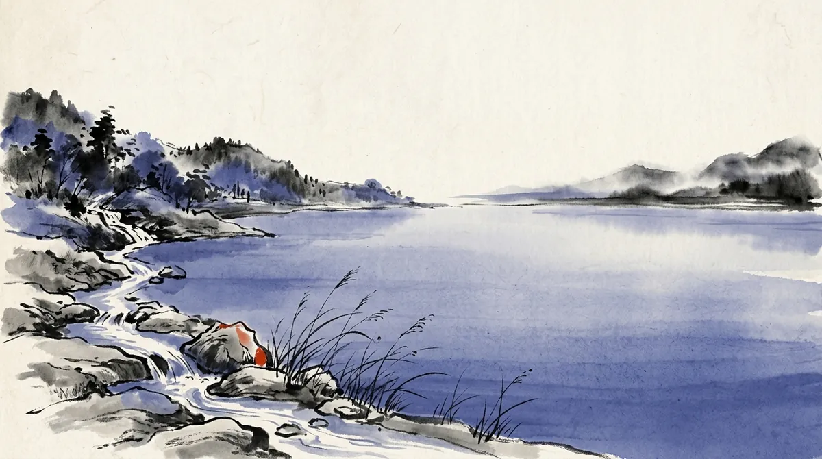 Ink-wash painting of a small stream flowing over stones into a wide still pond