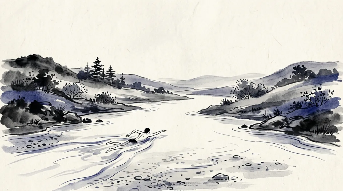 Ink-wash painting of a swimmer moving easily through a calm, clear river just deep enough to swim in