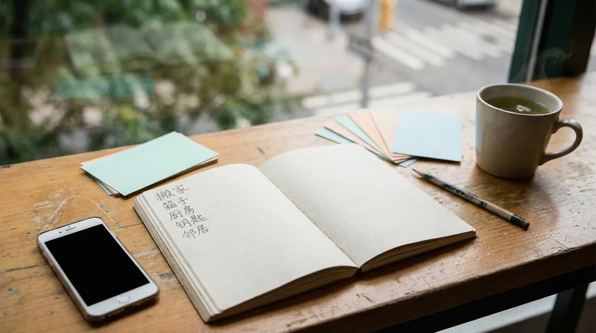 An open notebook on a wooden desk with a handwritten list of Chinese words for moving house, 搬家, 箱子, 厨房, 钥匙 and 邻居, beside a phone, index cards and a cup of green tea