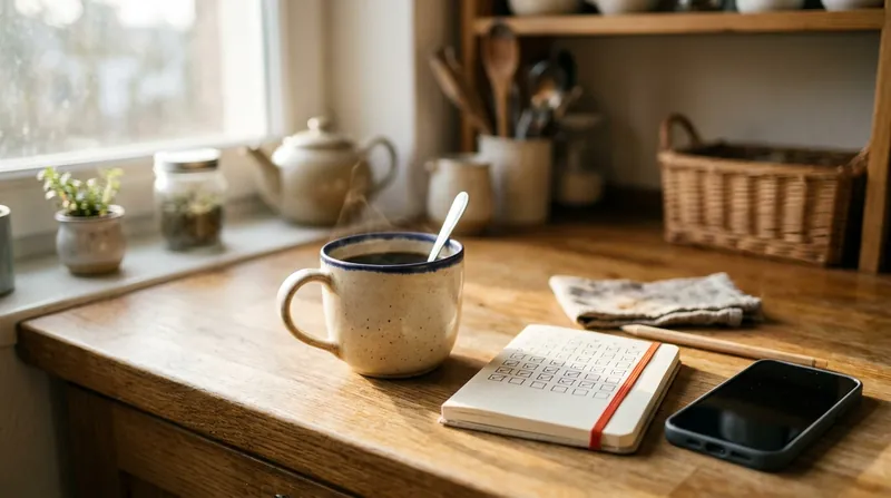 A morning kitchen counter with a cup of coffee, a small notebook and a phone in the sunlight