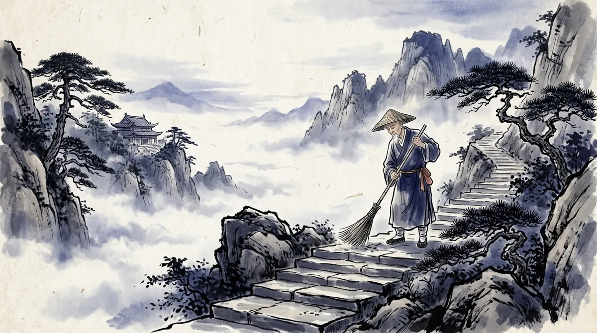 Ink-wash painting of a monk sweeping the steps of a mountain temple at dawn