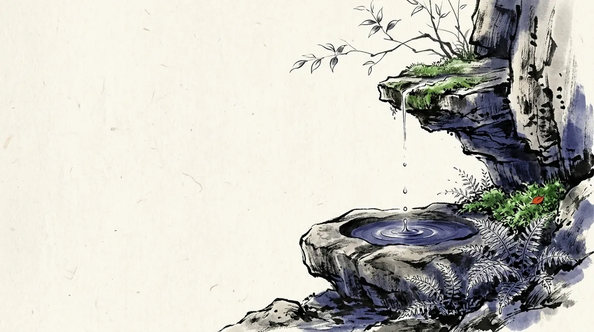 Ink-wash painting of water dripping from a rock ledge into a hollow it has worn in the stone