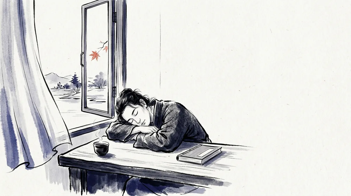 Ink-wash illustration of a person napping with their head on folded arms at a desk by an open window, with a cup of tea and a closed book beside them