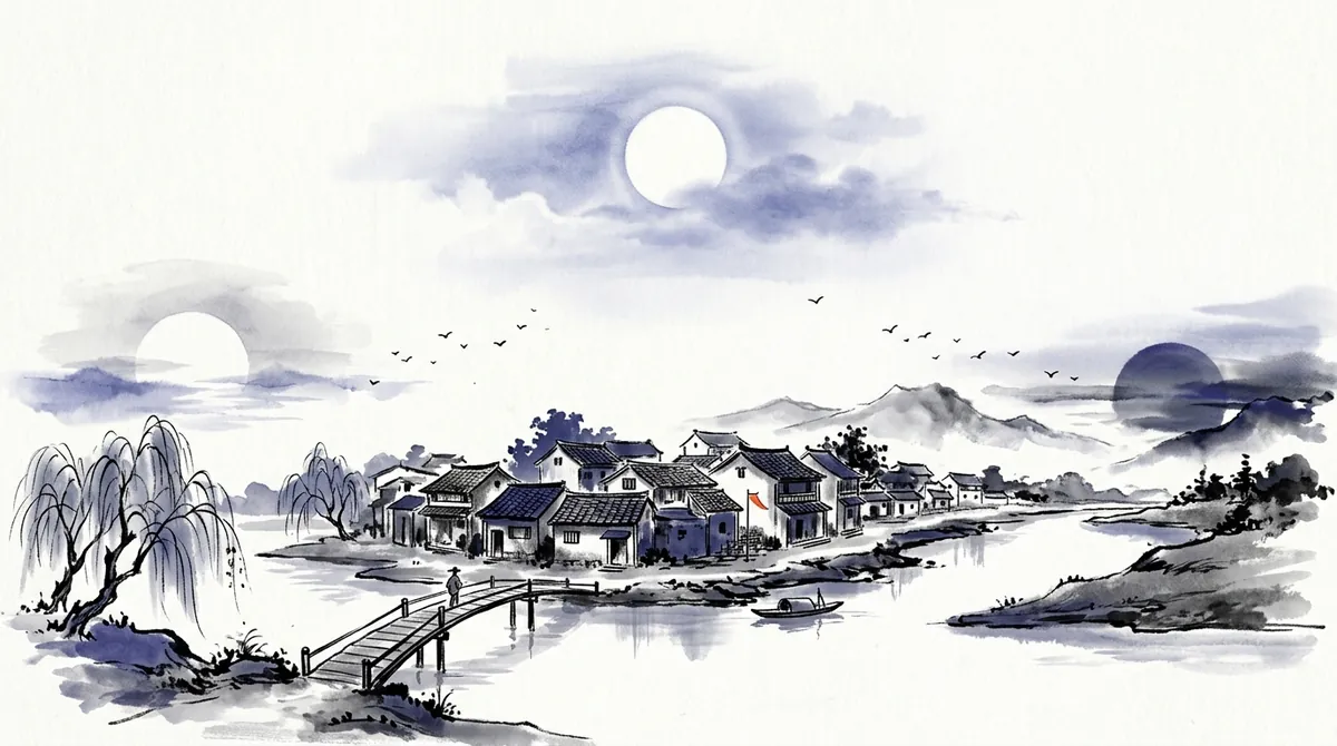 Ink-wash painting of a riverside town with the sun shown three times across the sky, rising on the left, high in the centre and setting on the right