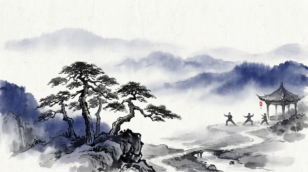 Ink-wash painting of three people practising tai chi beside a pavilion in a misty landscape of pine trees and mountains
