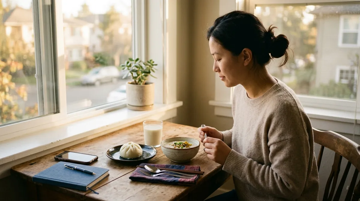 A woman eating breakfast at a wooden table by a window in the early morning light, with a bowl of rice porridge, a steamed bun, a glass of soy milk, a phone and a notebook