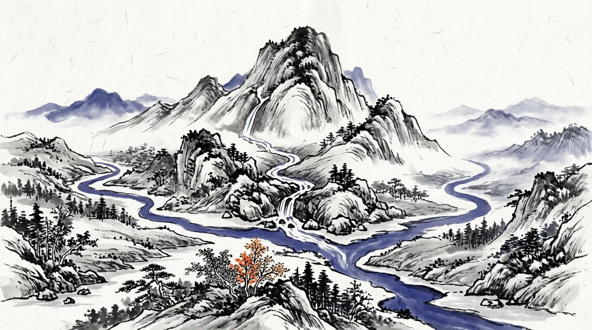 Ink-wash painting of one mountain spring splitting into two rivers