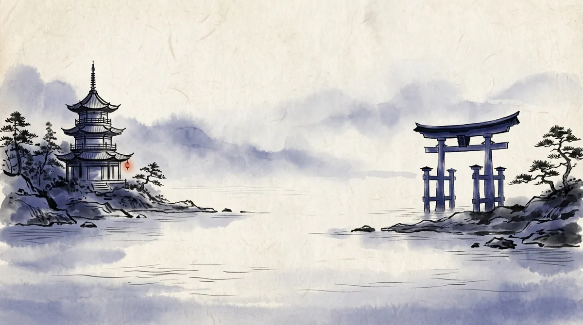 Ink-wash painting of a Chinese pagoda and a Japanese torii gate facing each other across a misty sea