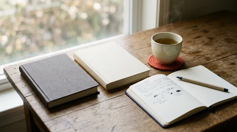 Two textbooks side by side on a desk with an open notebook, a pen and a cup of green tea
