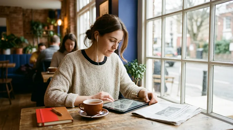 A learner with earbuds reading a graded story on a tablet at a café table, with a cup of tea, a notebook and a folded newspaper beside her