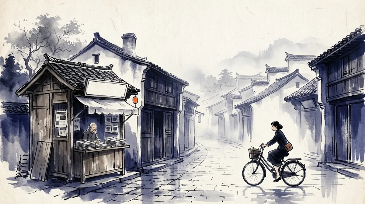 Ink-wash painting of an old man at a newspaper kiosk on a misty old-town street as a woman cycles past