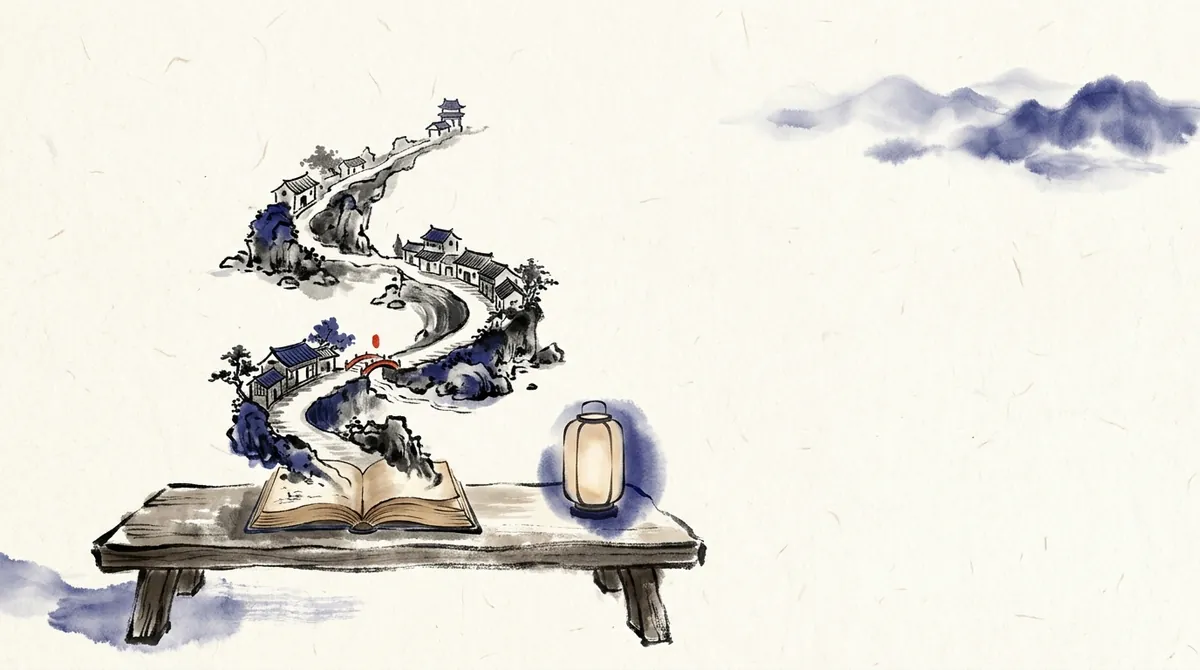 Ink-wash painting of a winding path with little houses and a bridge rising out of an open book on a low table beside a lantern