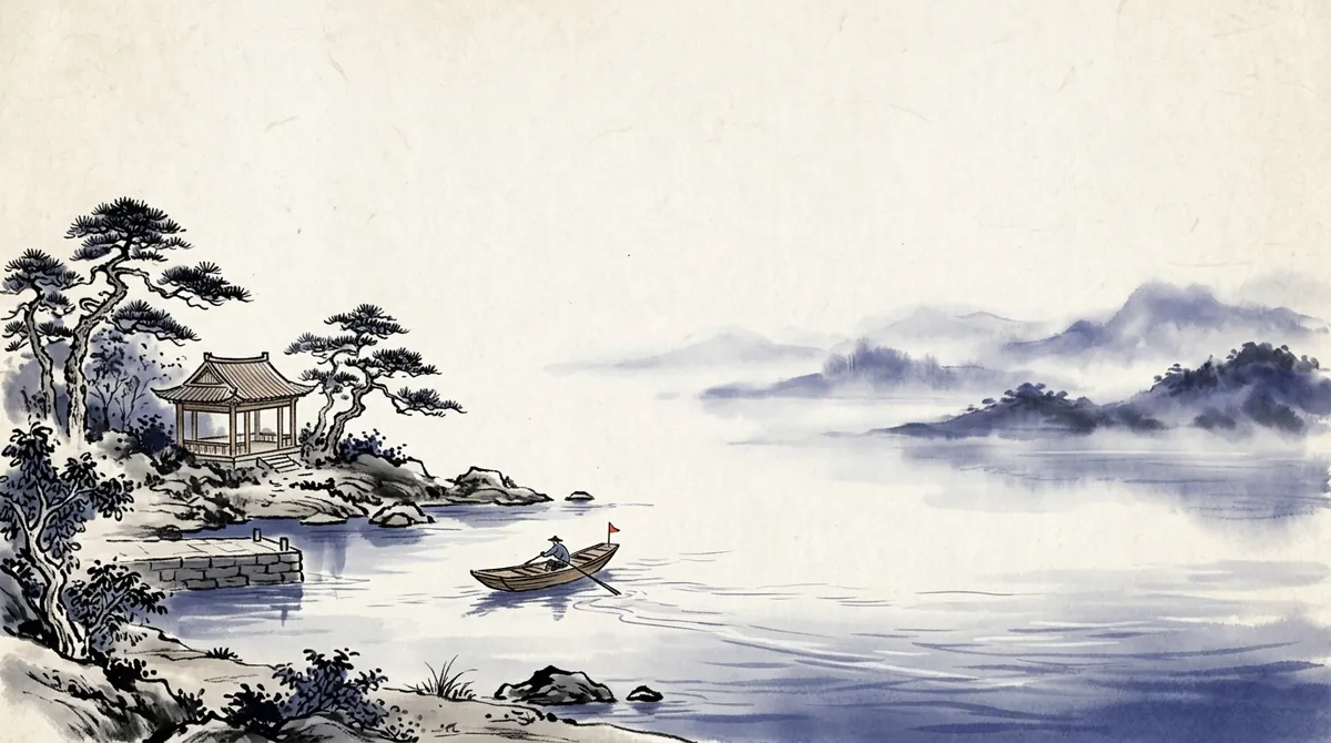 Ink-wash painting of a rower in a small wooden boat leaving a sheltered harbour with a pavilion, heading out towards open water and misty islands