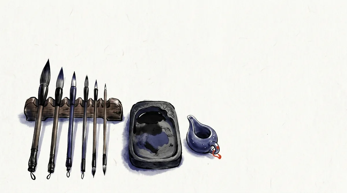 Ink-wash painting of six calligraphy brushes of different sizes on a wooden brush rest, beside an inkstone and a water dropper