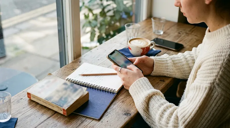 A learner at a cafe window table uses a smartphone beside a paperback book, a spiral notebook with a pencil, a second phone and a cup of coffee