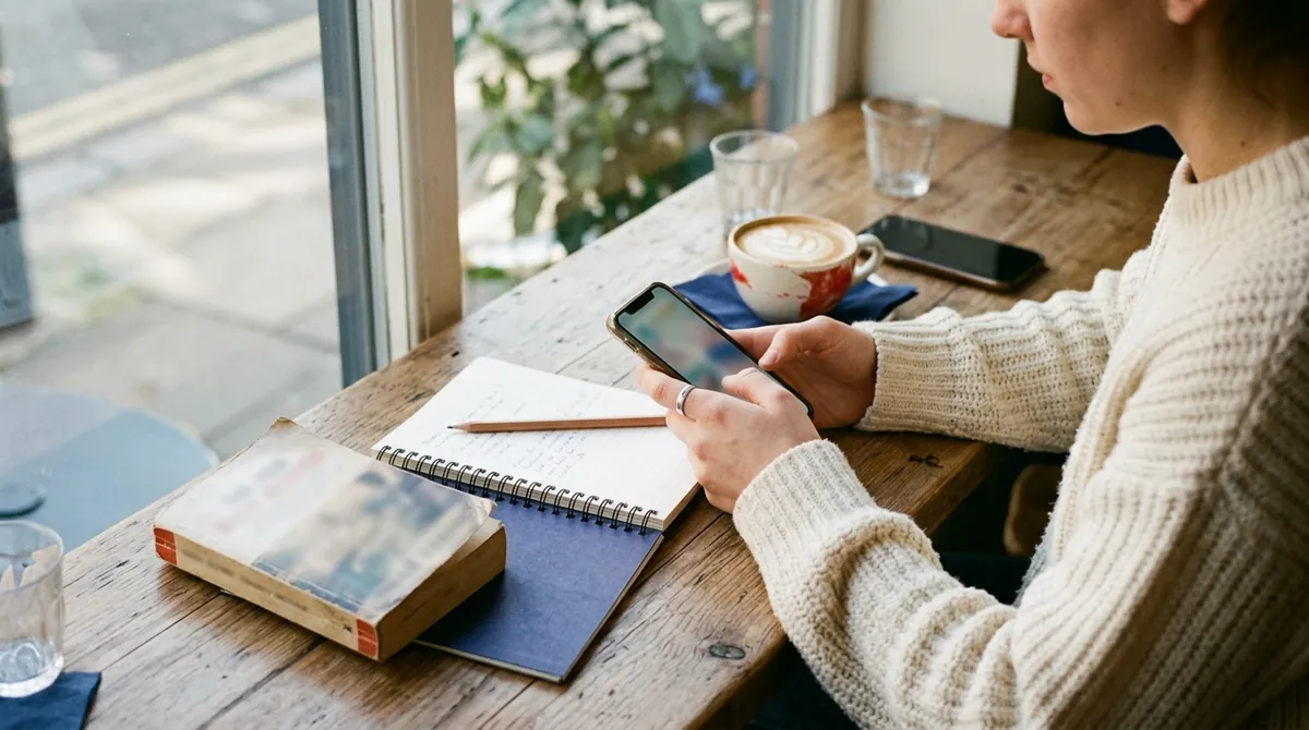 A learner at a cafe window table uses a smartphone beside a paperback book, a spiral notebook with a pencil, a second phone and a cup of coffee