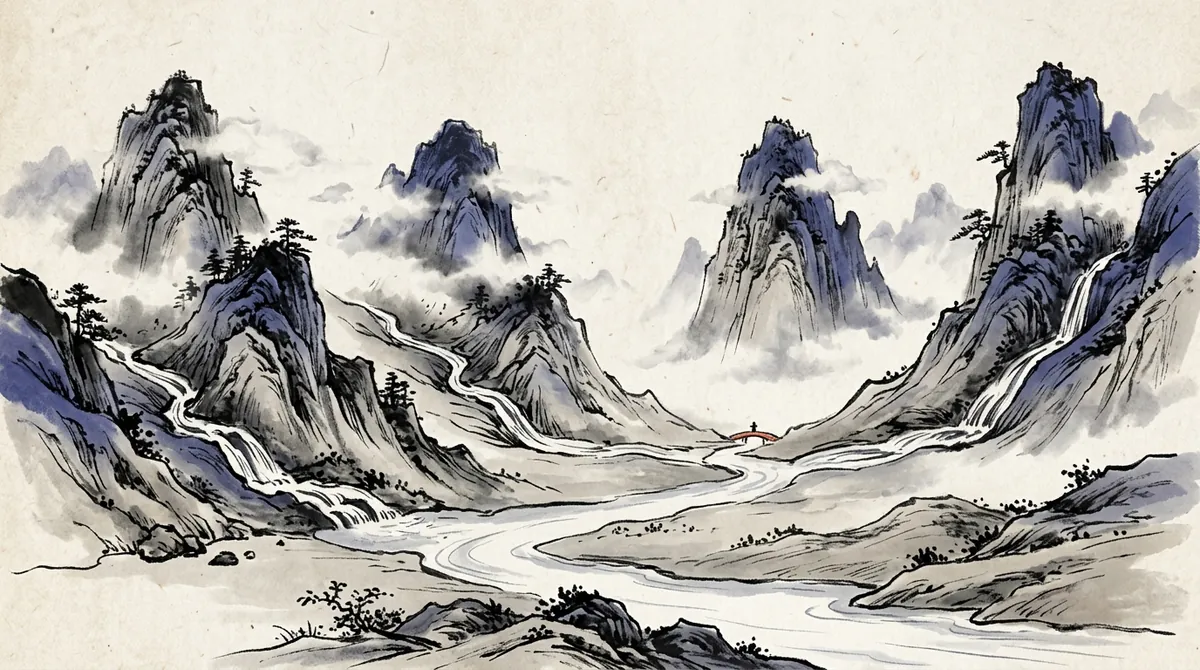 Ink-wash painting of mountain streams flowing from different peaks into one river