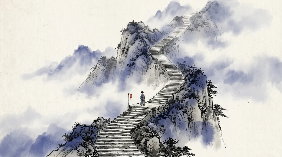 Ink-wash painting of a small figure on a landing partway up a long stone staircase climbing a misty mountain