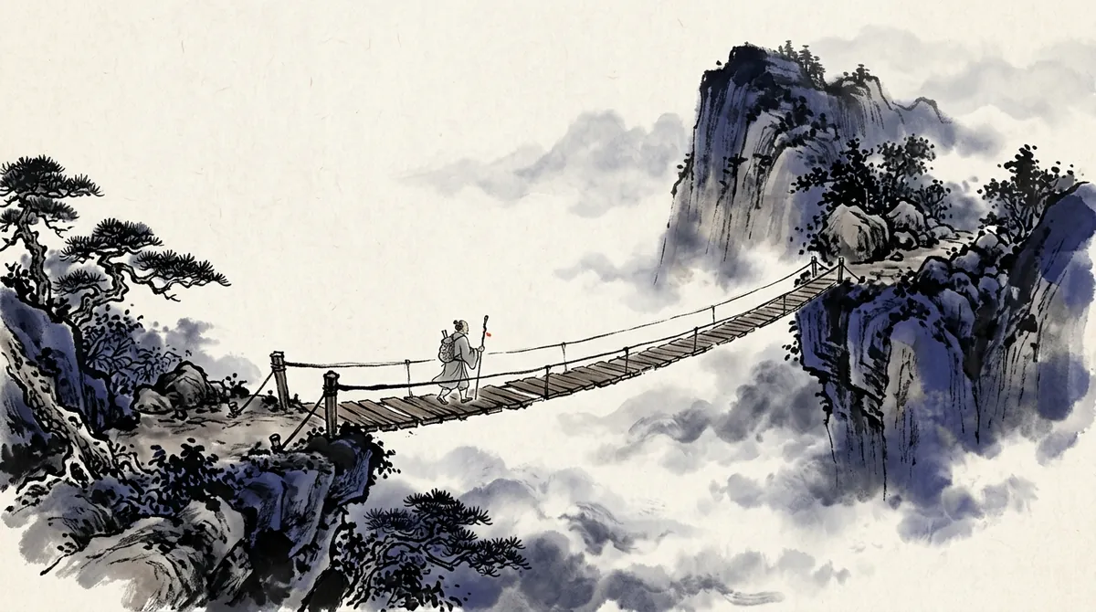 Ink-wash painting of a traveller crossing a plank bridge between two cliffs, the far cliff higher