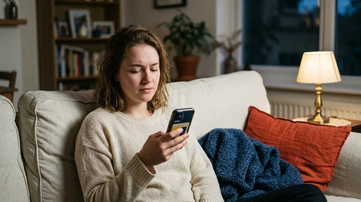 A learner on a sofa looking doubtfully at a language app on her phone