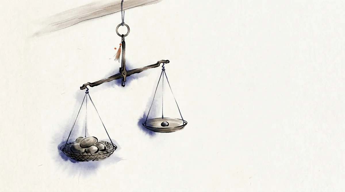 Ink-wash illustration of a hanging balance scale weighing a pile of pebbles against a single stone