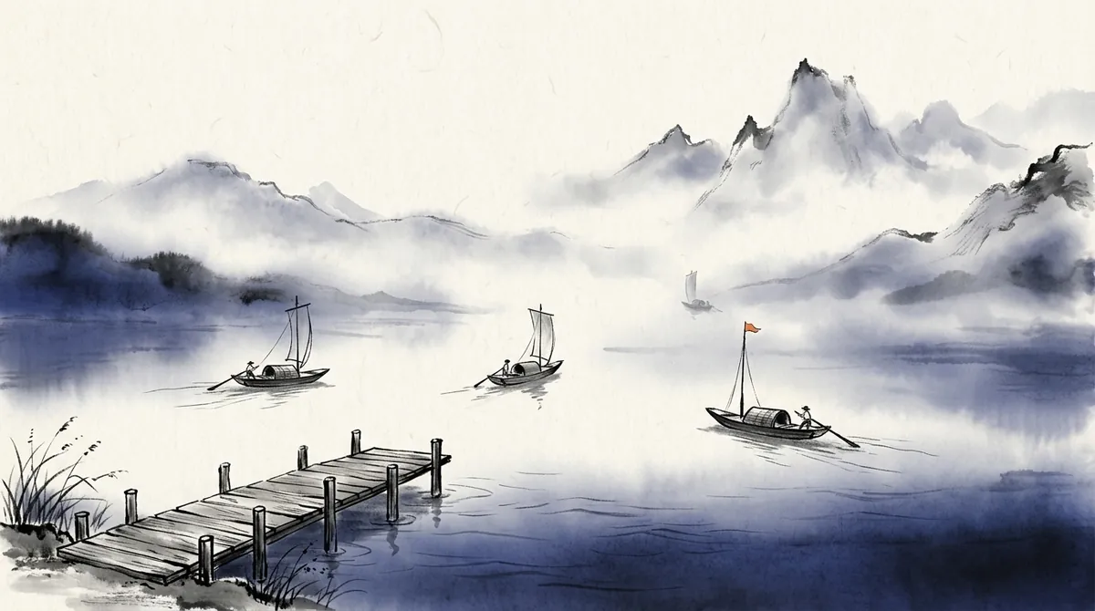 Ink-wash painting of small sailing boats setting off in different directions from a jetty on a misty lake