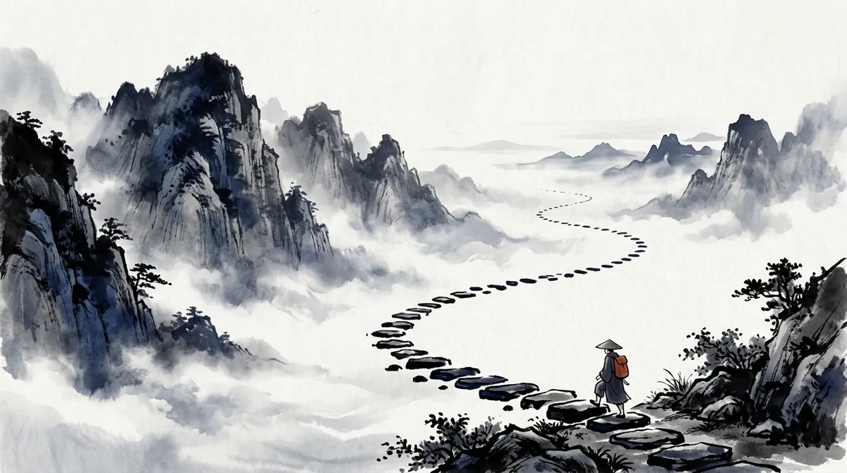 Ink-wash painting of a traveller setting out along stepping stones across a misty valley