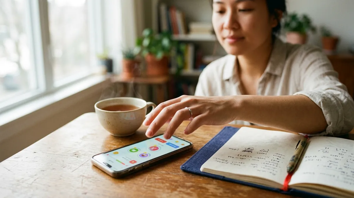 A learner reaching for a phone showing a language-learning app lesson, with tea and an open notebook on the table