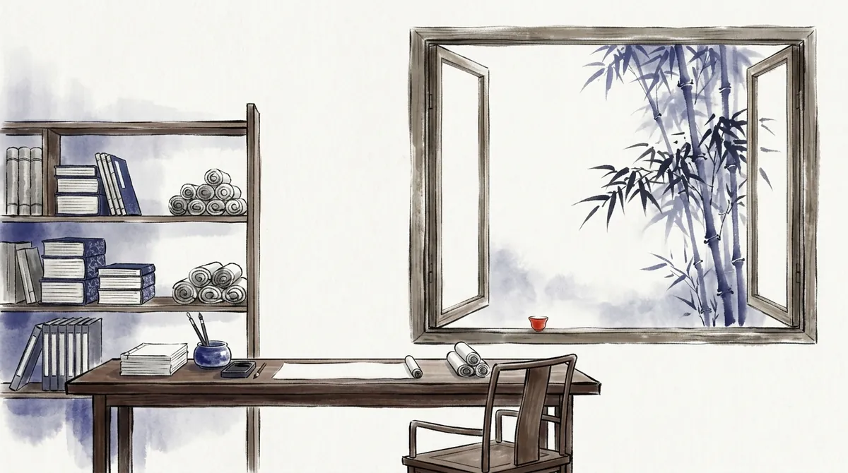 Ink-wash illustration of a traditional scholar's study with books, scrolls and a window onto bamboo