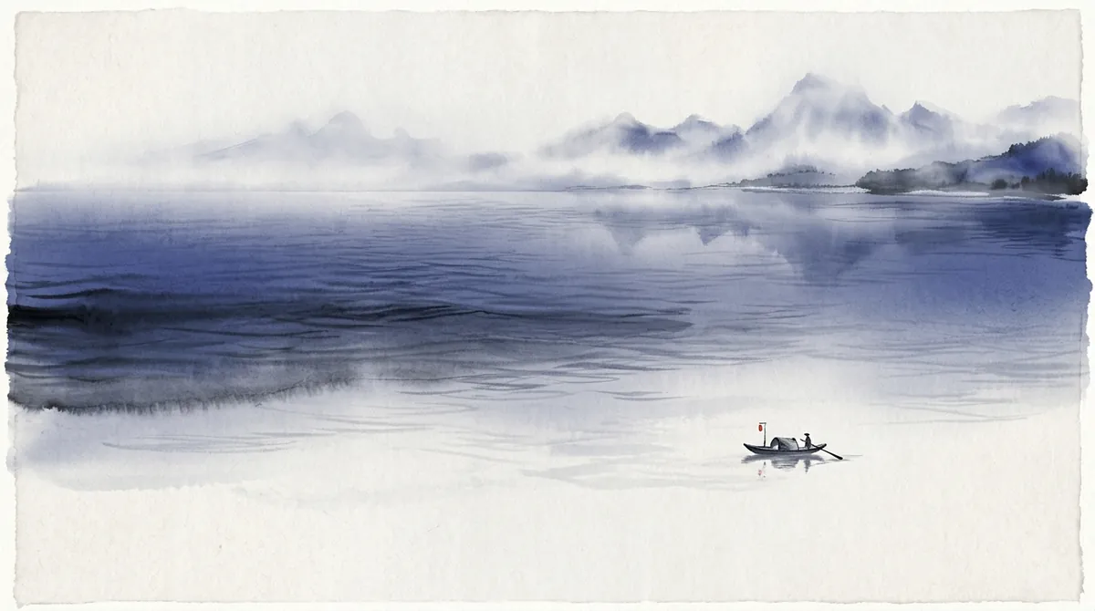 Ink-wash painting of a tiny boat on a vast calm sea, with distant mountains in the mist