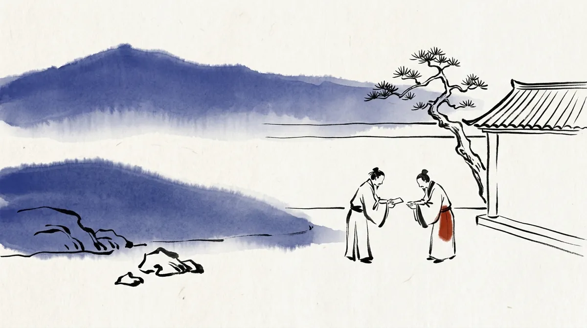 Ink-wash painting of two people bowing slightly as they exchange cards