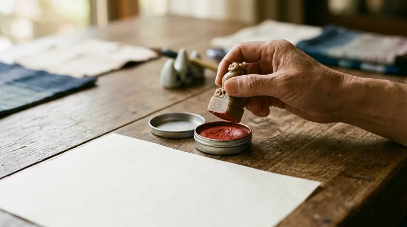 A hand pressing a small stone name seal into a tin of red seal paste beside a blank sheet of paper