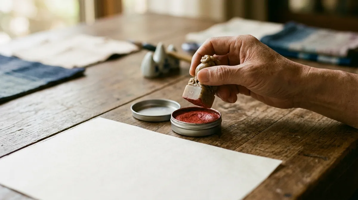 A hand pressing a small stone name seal into a tin of red seal paste beside a blank sheet of paper