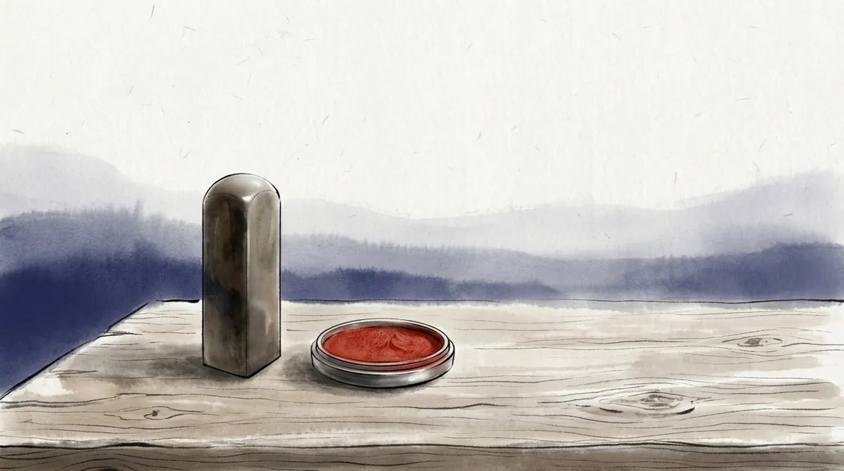 Ink-wash illustration of a plain stone seal beside a tin of red seal paste