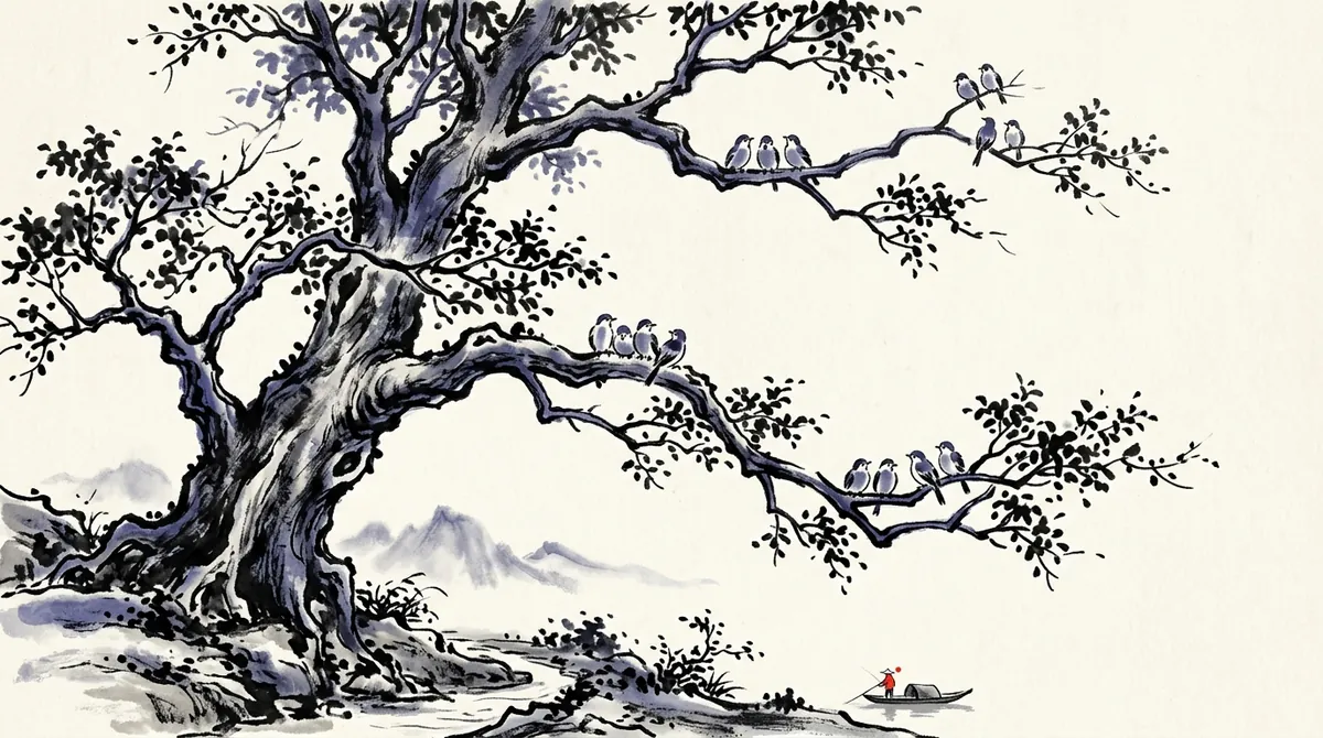 Ink-wash painting of small birds in family groups on the branches of a great tree