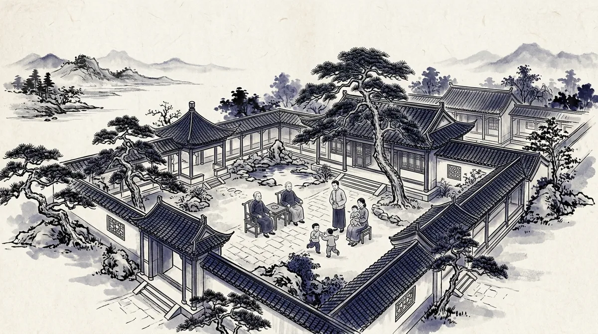 Ink-wash illustration of a family gathered in a traditional courtyard house