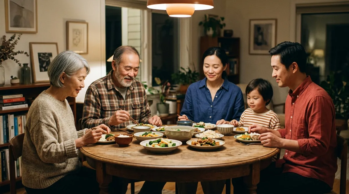 Three generations of a family sharing dishes around a round dining table