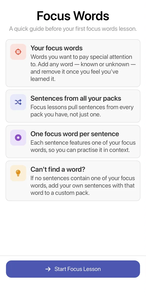 The Focus Words help screen: your focus words, sentences from all your packs, one focus word per sentence, and what to do if a word can't be found, with a Start Focus Lesson button