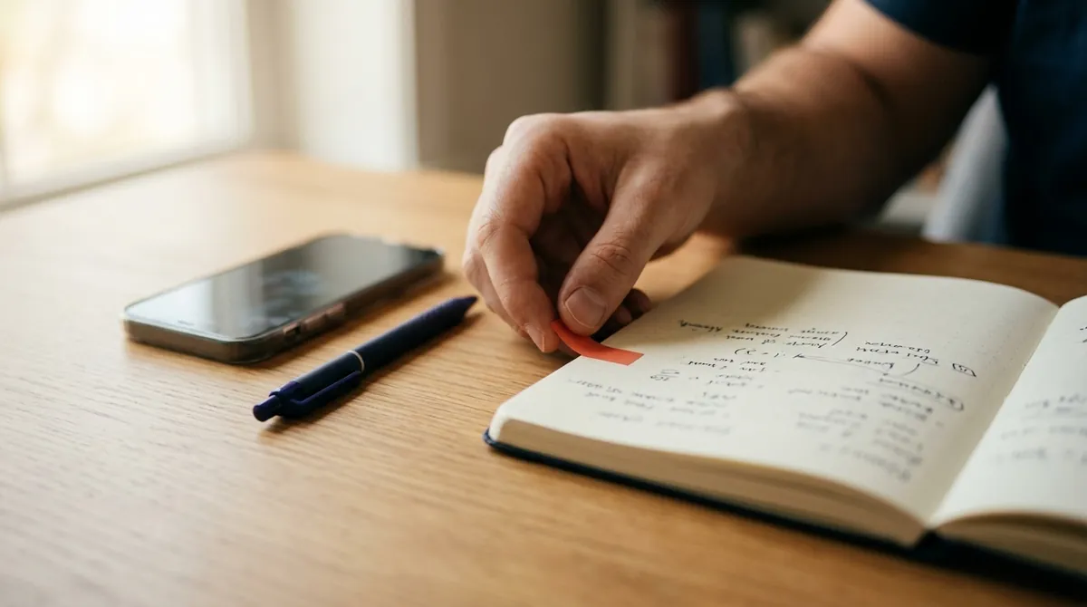 A hand placing a coloured tab on a notebook page beside a phone and pen