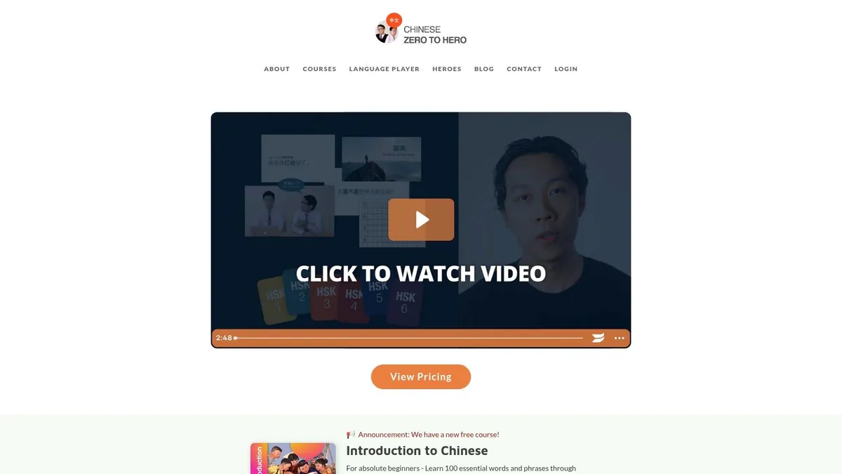 Chinese Zero to Hero homepage with its introductory course video