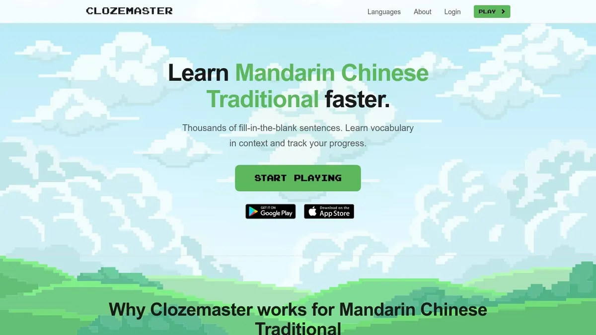 Clozemaster's Learn Mandarin Chinese page, built on fill-in-the-blank sentences