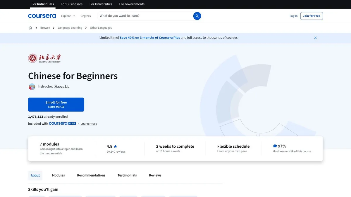 Coursera page for Peking University's Chinese for Beginners course, with an Enroll for free button