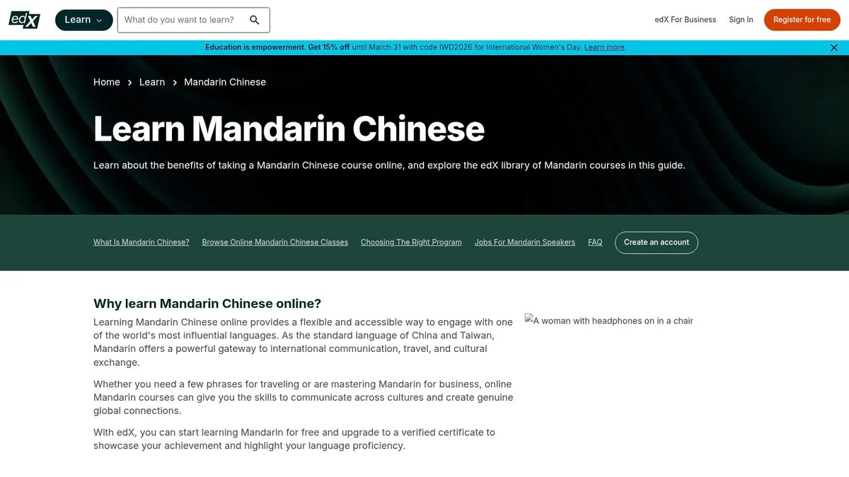 edX's Learn Mandarin Chinese page, introducing its online Mandarin courses