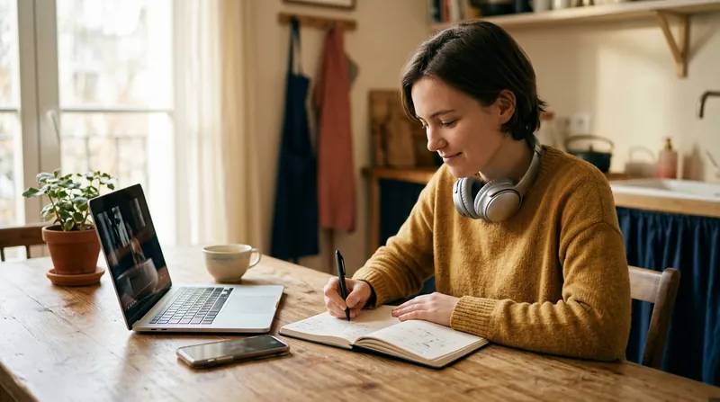 A learner writing notes at a kitchen table while studying Mandarin online, with a laptop, phone and headphones