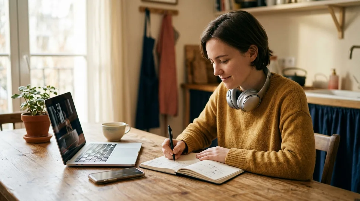 A learner writing notes at a kitchen table while studying Mandarin online, with a laptop, phone and headphones